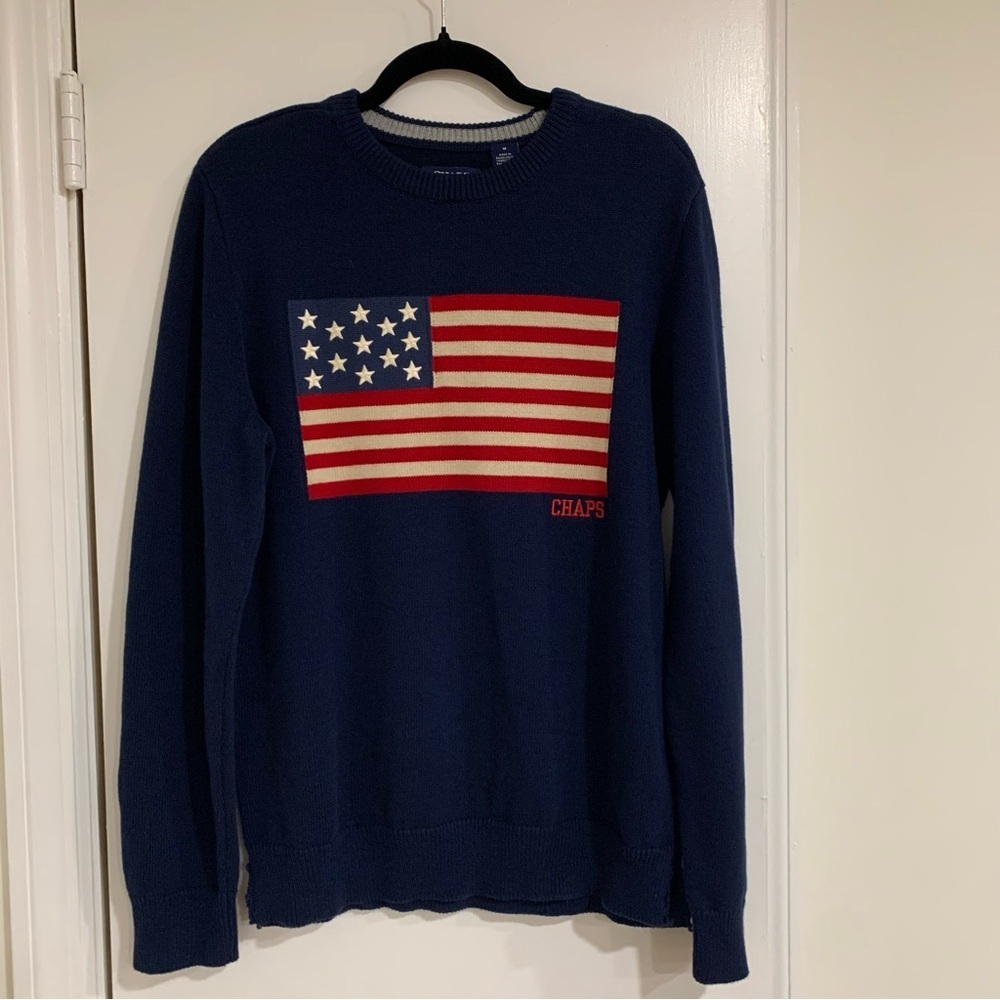 CHAPS Mens American Flag Navy Blue Sweater Patriotic Americana Size Medium - Picture 2 of 9